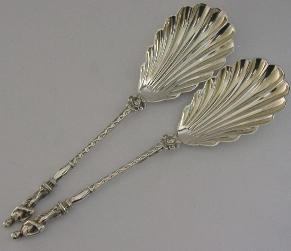 PAIR OF VICTORIAN ENGLISH STERLING SILVER FIGURAL SERVING SPOONS 1896 ANTIQUE 96g