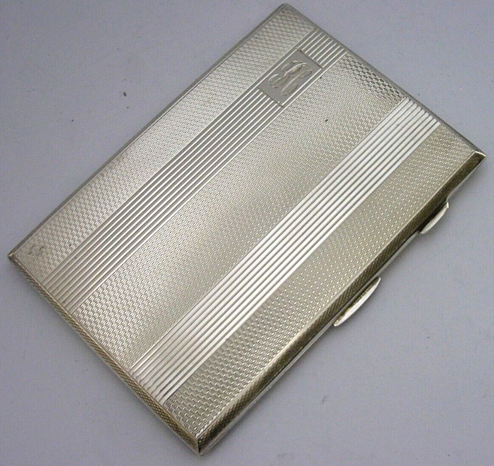 HEAVY 188g ENGLISH STERLING SILVER ENGINE TURNED CIGARETTE CASE 1945 ART DECO