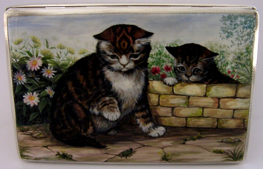 RARE STERLING SILVER ENAMEL CAT KITTEN CIGARETTE CASE 1945 ANIMALS 184g