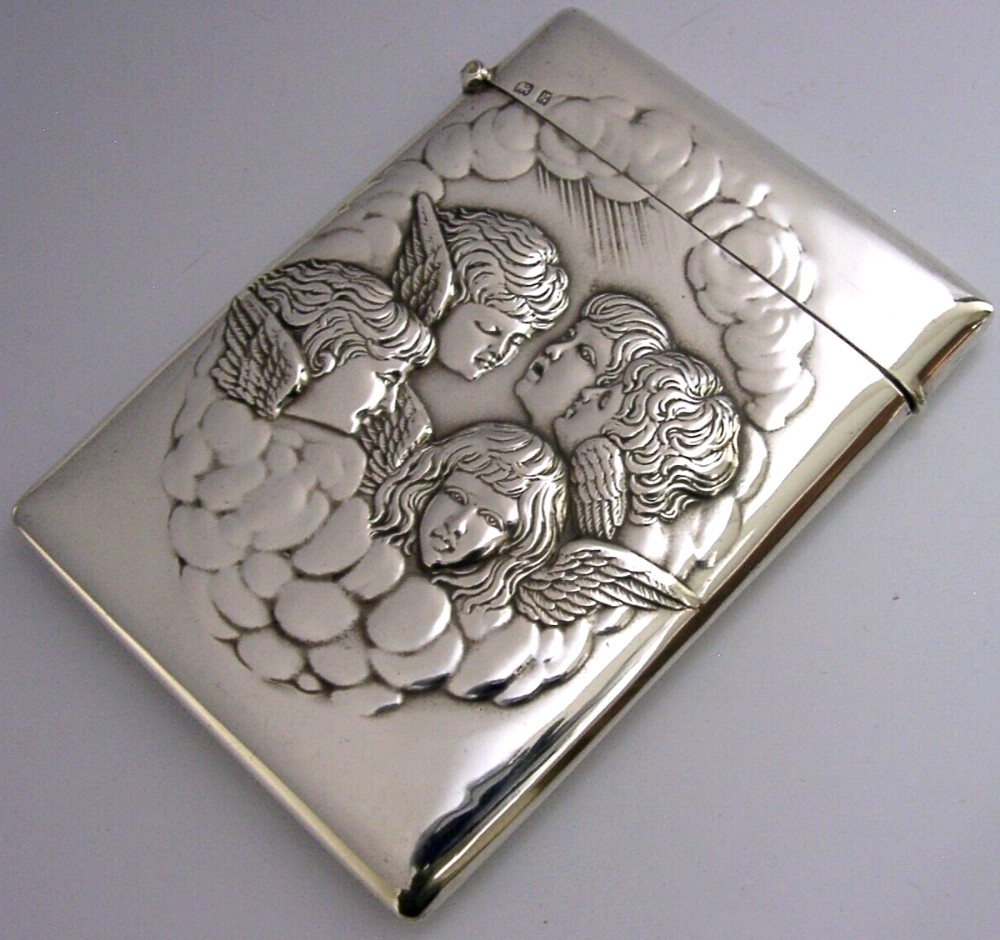 BEAUTIFUL ENGLISH STERLING SILVER REYNOLDS ANGELS CARD CASE 1906 ANTIQUE