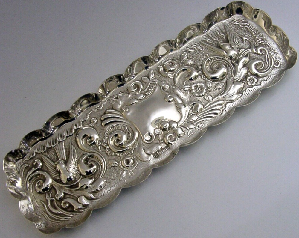 BEAUTIFUL VICTORIAN ENGLISH SOLID STERLING SILVER DESK PEN TRAY DISH 1897 BIRDS