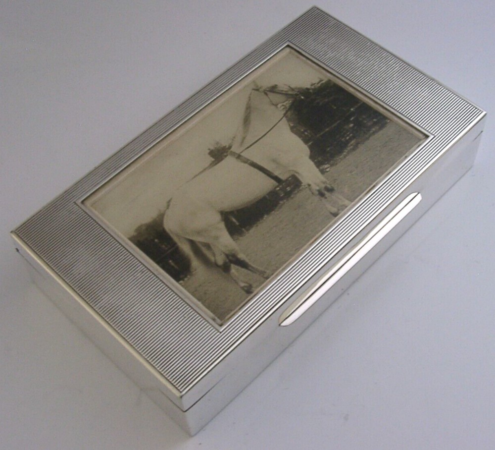 SUPERB STERLING SILVER HORSE RIDING CIGAR CASE BOX 1950 FOX HUNTING RIDING