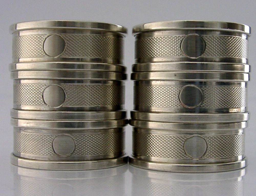 ART DECO SIX ENGLISH STERLING SILVER ENGINE TURNED NAPKIN RINGS 1936-8