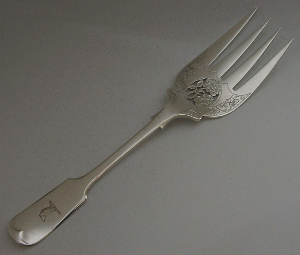 HEAVY 106g ENGLISH ANTIQUE STERLING SILVER BAIRD FAMILY CREST SERVING FORK 1893