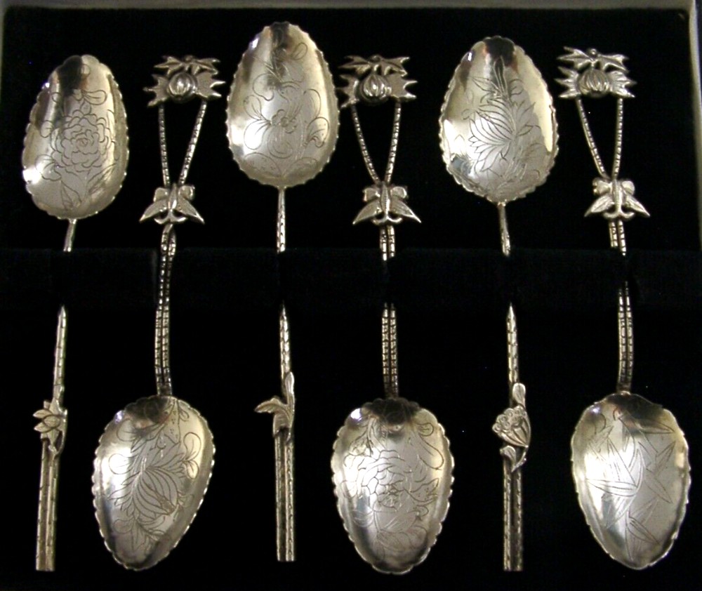 CASED SET OF SIX CHINESE EXPORT SILVER BUTTERFLY & FLOWERS SPOONS c1920 CASED ANTIQUE
