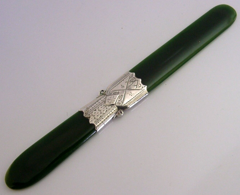 RARE STERLING SILVER NEW ZEALAND JADE LETTER OPENER PAGE TURNER c1900 ANTIQUE