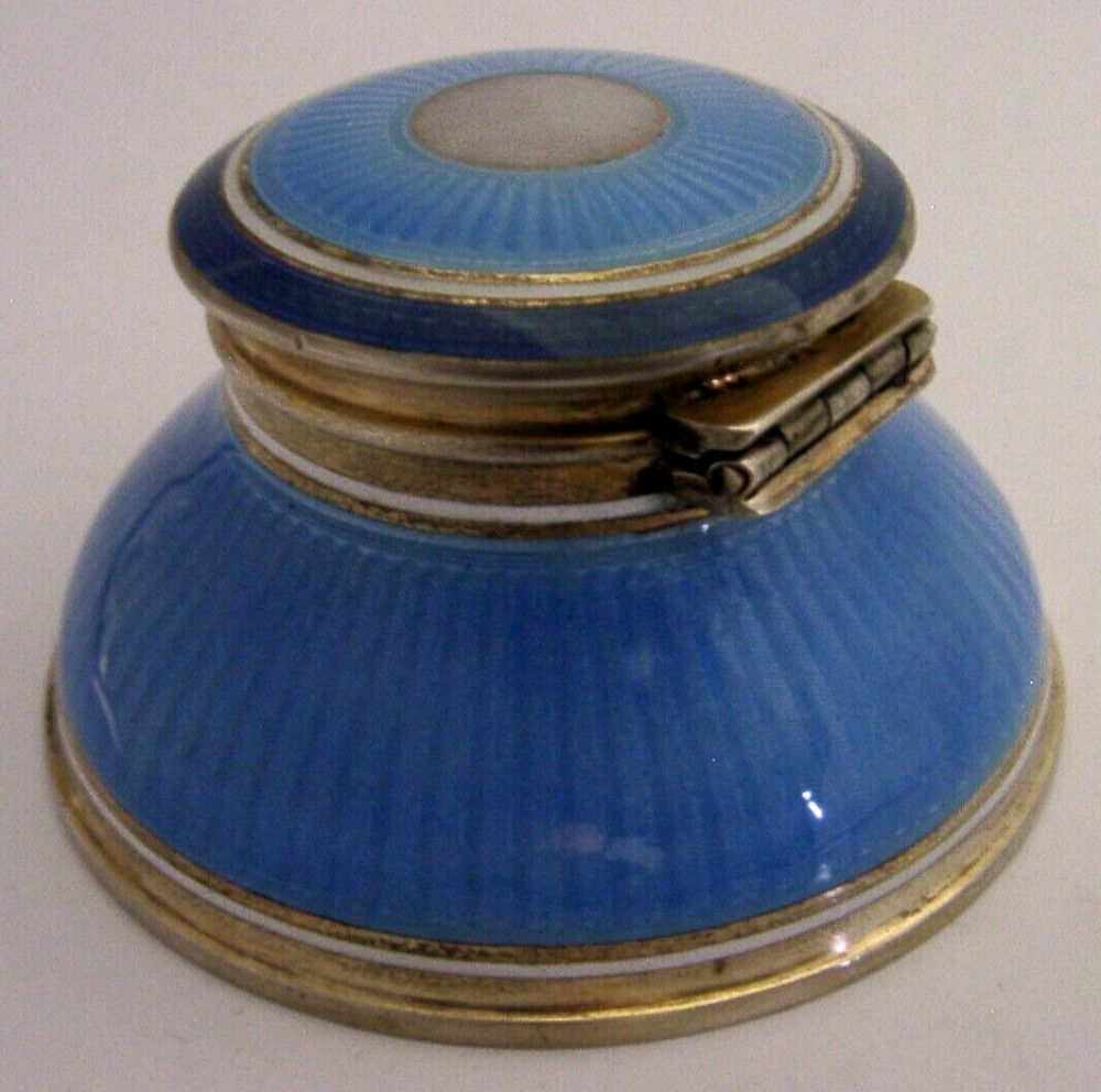 STUNNING ANTIQUE STERLING SILVER BLUE ENAMEL INKWELL c1920 ART DECO