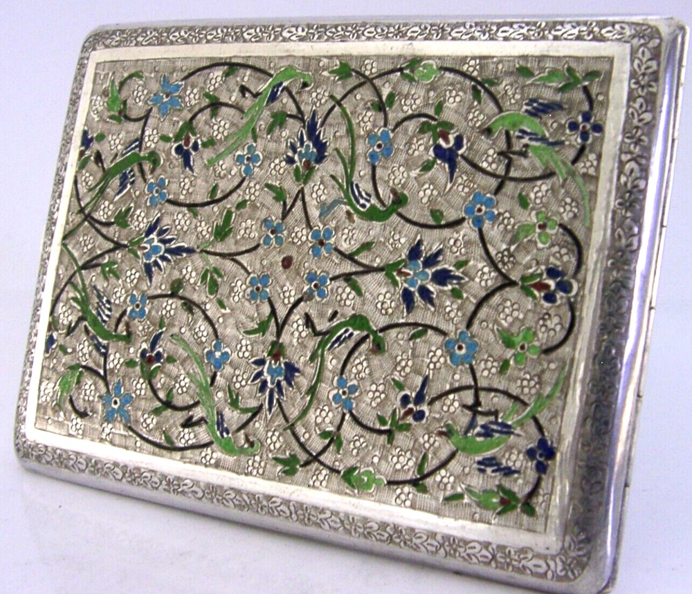 STUNNING EASTERN SOLID SILVER ENAMEL CIGARETTE CAS c1920 ANTIQU