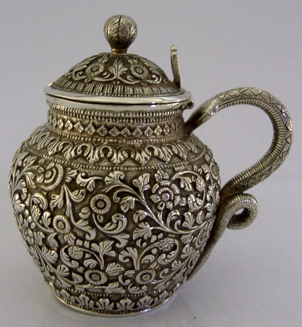 STUNNING LARGE 152g INDIAN SOLID SILVER SNAKE HANDLE MUSTARD POT c1880 KUTCH