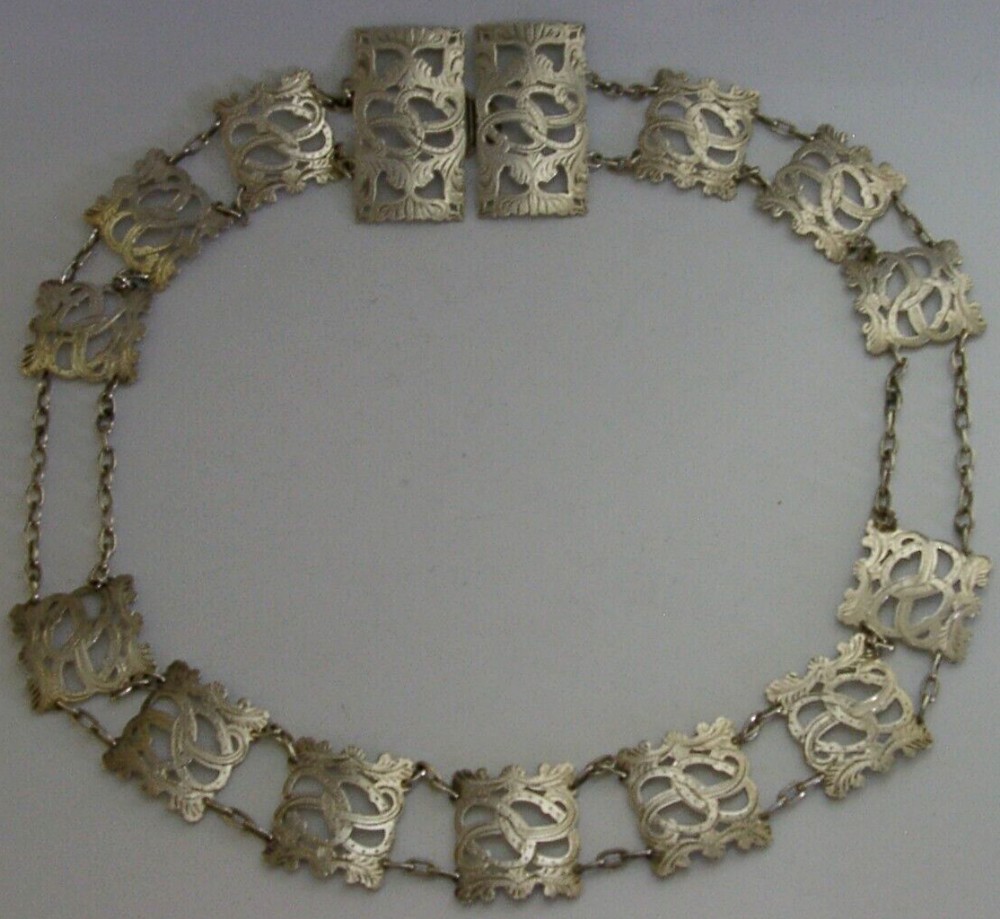 STUNNING ENGLISH STERLING SILVER BELT & BUCKLE 1902 ANTIQUE 122g ART NOUVEAU