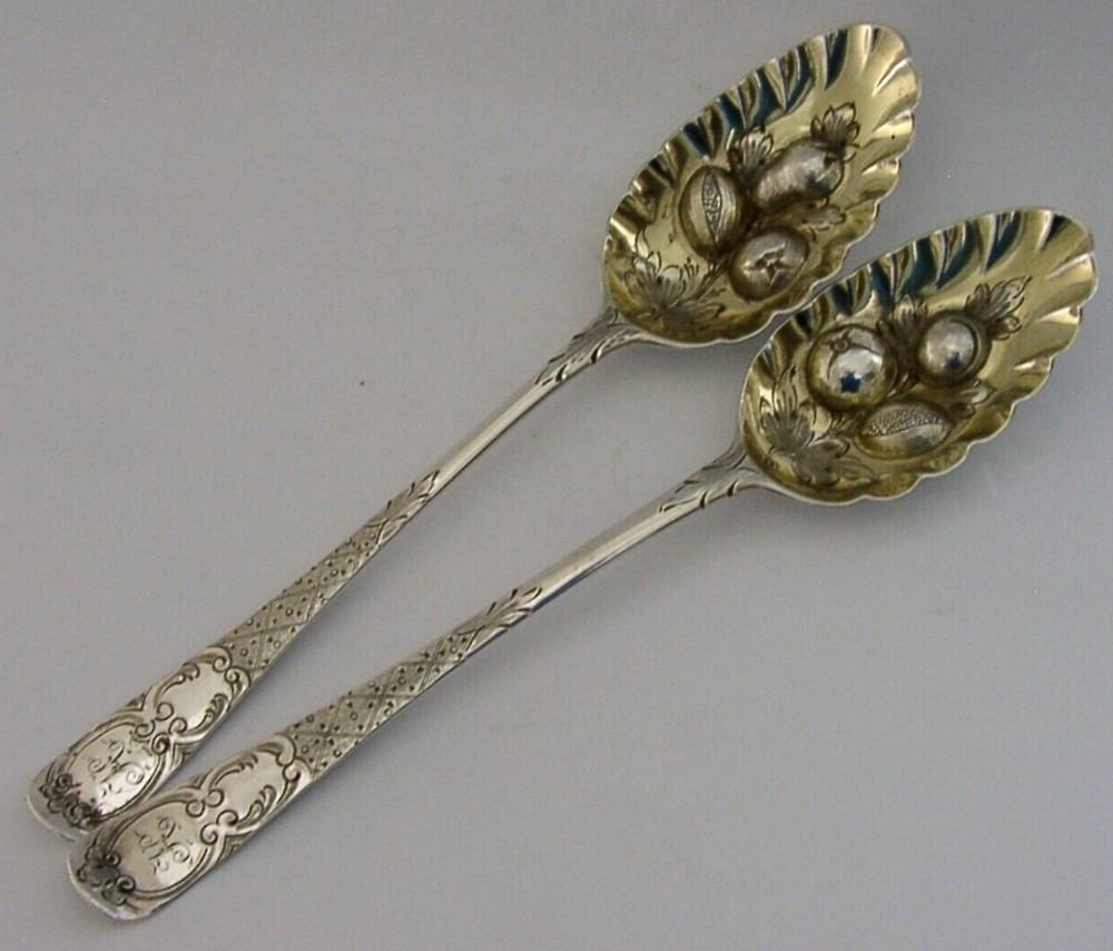 ENGLISH PAIR OF ANTIQUE STERLING SILVER BERRY SERVING SPOONS 1774 GEORGIAN