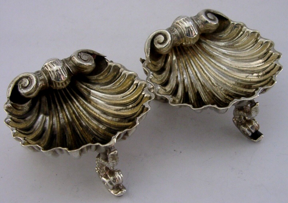 PAIR OF VICTORIAN SOLID STERLING SILVER DOLPHIN & SHELL SALT CELLARS 1864 ANTIQUE 68g