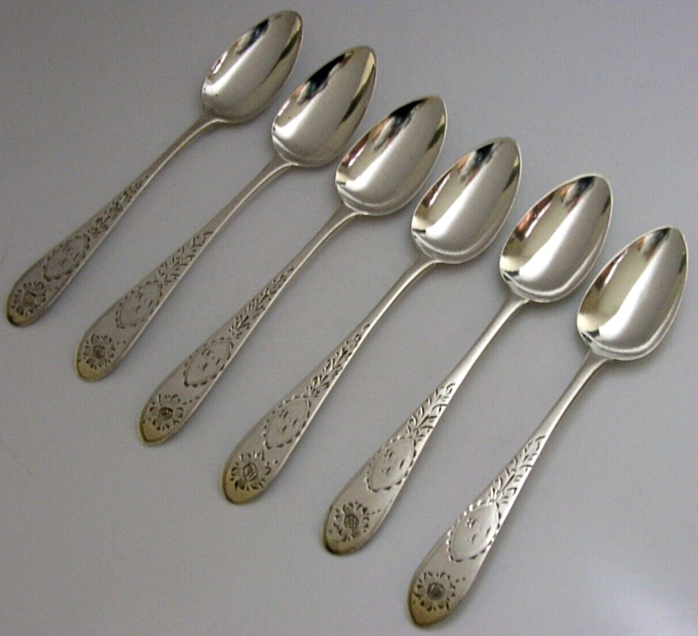 RARE IRISH GEORGIAN SET of SIX SOLID STERLING SILVER SPOONS 1796 ANTIQUE