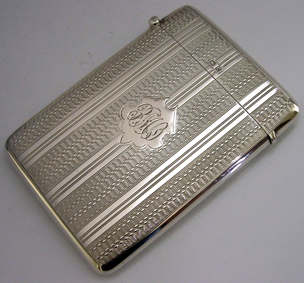 MINT ART DECO SOLID SILVER CARD CASE 1927 ANTIQUE ENGRAVED 'RMO'