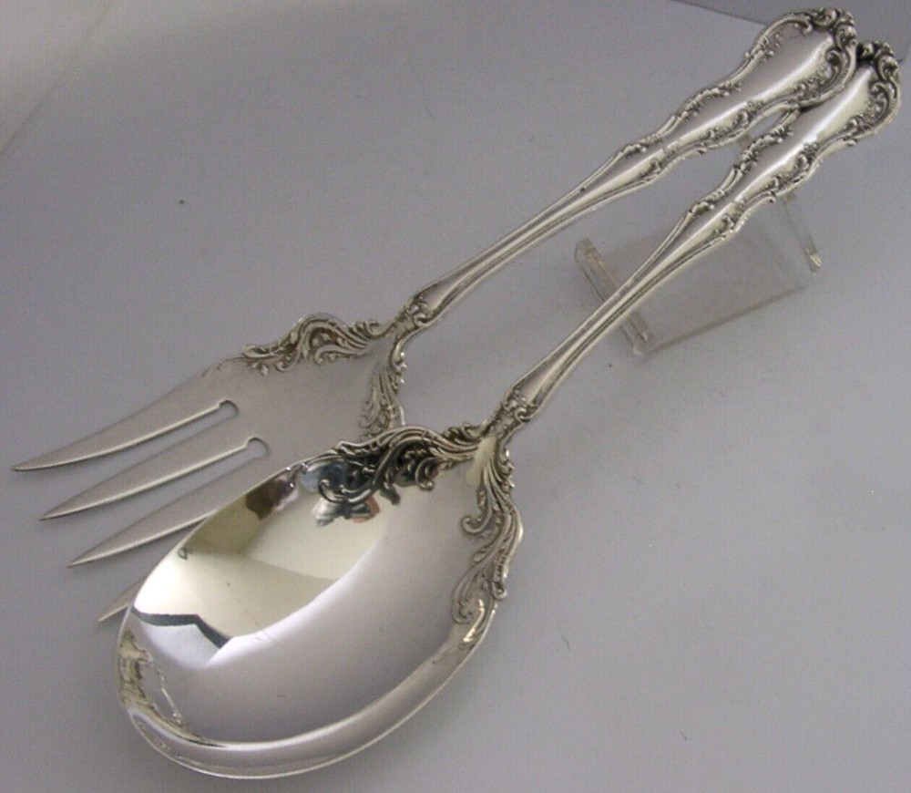 AMERICAN ART NOUVEAU STERLING SILVER SERVING SPOON & FORK SET c1900 ANTIQUE 136g
