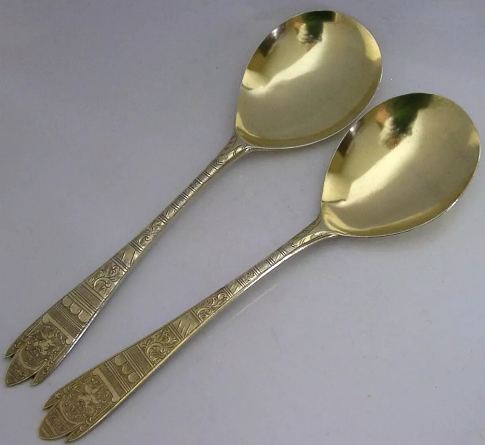 RARE PAIR OF 1763 STERLING SILVER GILT SERVING SPOONS GEORGIAN 105g ANTIQUE