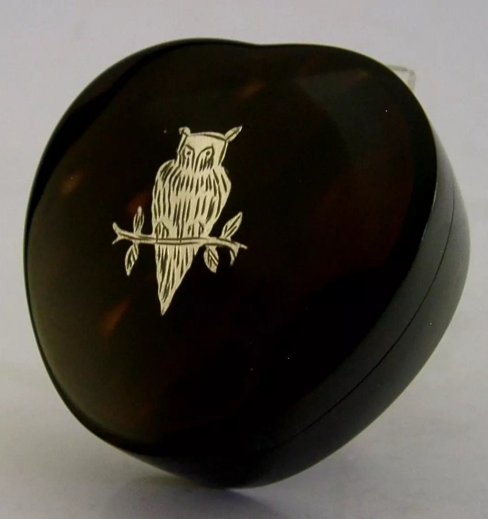 BEAUTIFUL SOLID SILVER & FAUX TORTOISESHELL OWL ANIMAL TRINKET BOX c1920 ANTIQUE