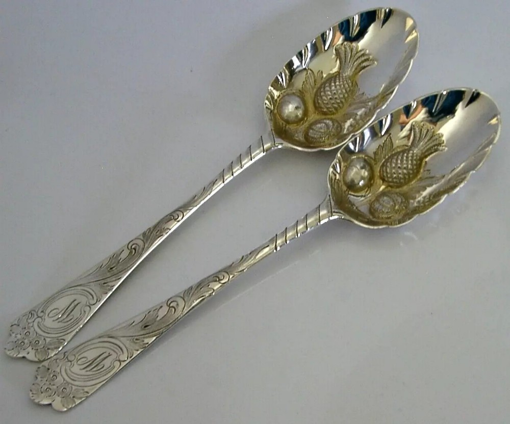 RARE PAIR OF 1746 ENGLISH ANTIQUE STERLING SILVER BERRY SERVING SPOONS GEORGIAN 96g