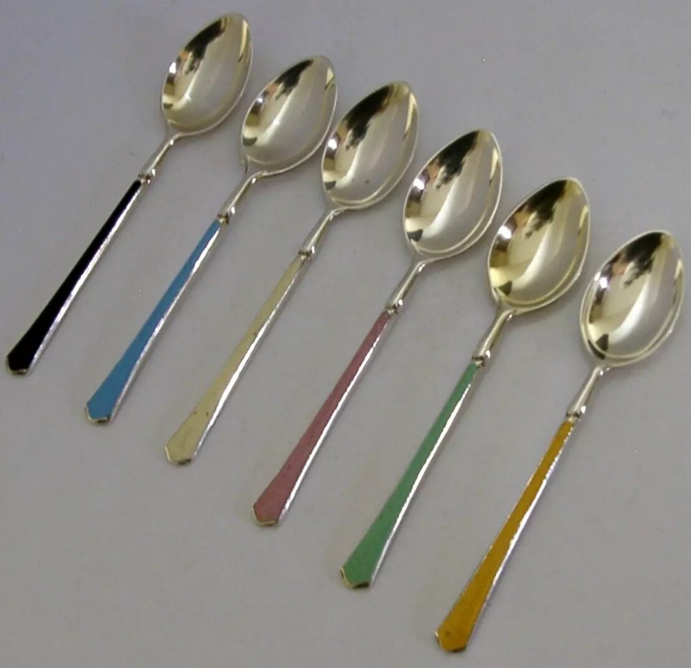 SIX BEAUTIFUL SOLID STERLING SILVER ENAMEL SPOONS 1952 ENGLISH 60g