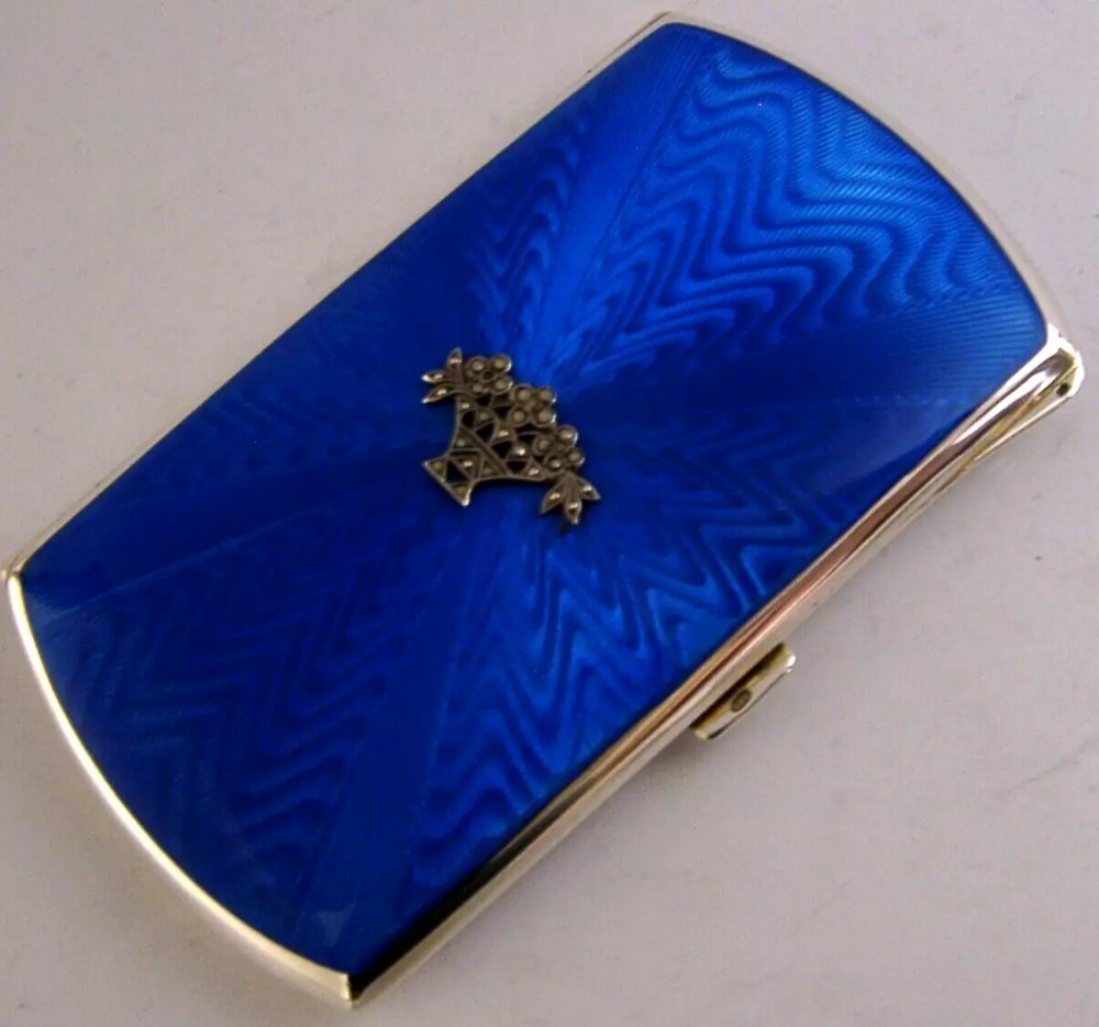 RARE STERLING SILVER BLUE ENAMEL MARCASITE CIGARETTE CASE 1926 ART DECO