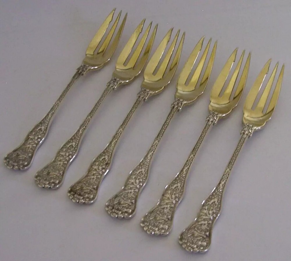 TIFFANY OLYMPIAN RARE SIX AMERICAN STERLING SILVER CAKE or PIE FORKS 1878 248g