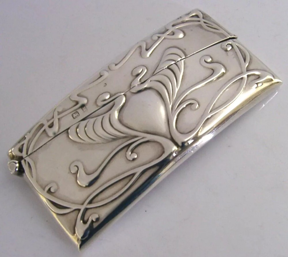 BEAUTIFUL ENGLISH SOLID STERLING SILVER ART NOUVEAU CARD CASE 1906 ANTIQUE