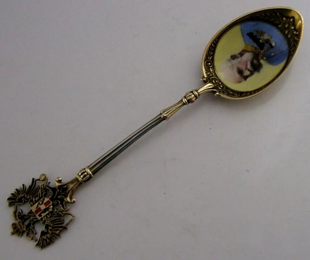 FRANZ JOSEPH RARE GERMAN SILVER GILT ENAMELLED PICTURE BOWL SPOON c1910 AUSTRIAN