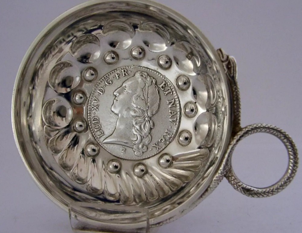 RARE FRENCH STERLING SILVER 1742 COIN WINE TASTER c1880 BARWARE