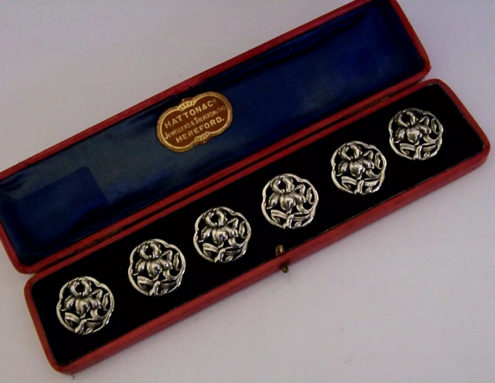 SIX STERLING SILVER ART NOUVEAU IRIS BUTTONS CASED 1902 ANTIQUE CASED