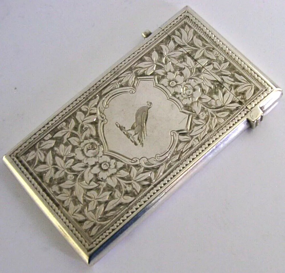 ENGLISH ANTIQUE STERLING SILVER BELL FAMILY CRESTED CARD CASE 1880 VICTORIAN