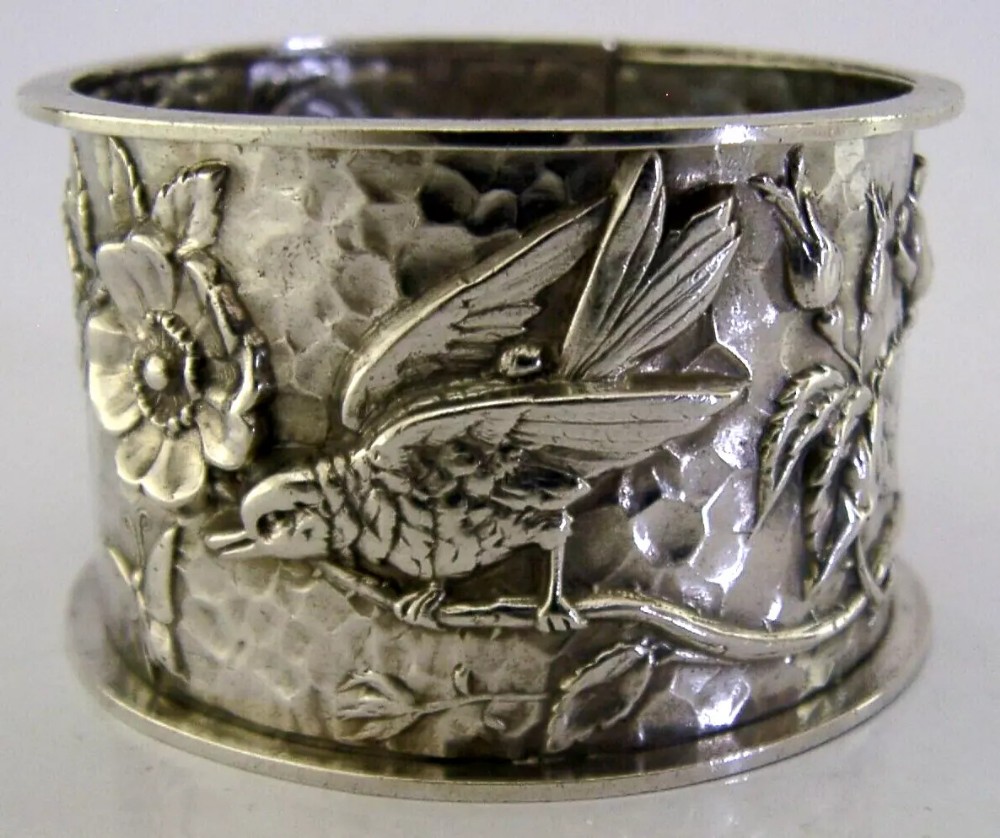 ARTS & CRAFTS VICTORIAN STERLING SILVER BIRD NAPKIN RING 1894 ANTIQUE