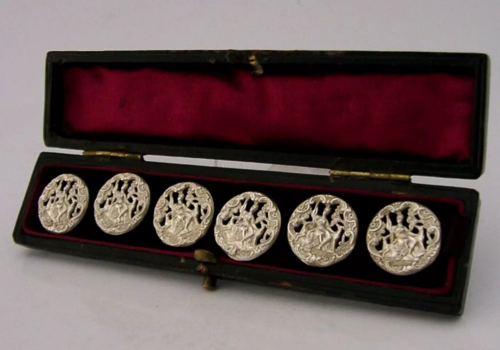 SIX STERLING SILVER BUTTONS DIANNA ARTEMIS HUNTING GODDESS CASED 1902 ANTIQUE