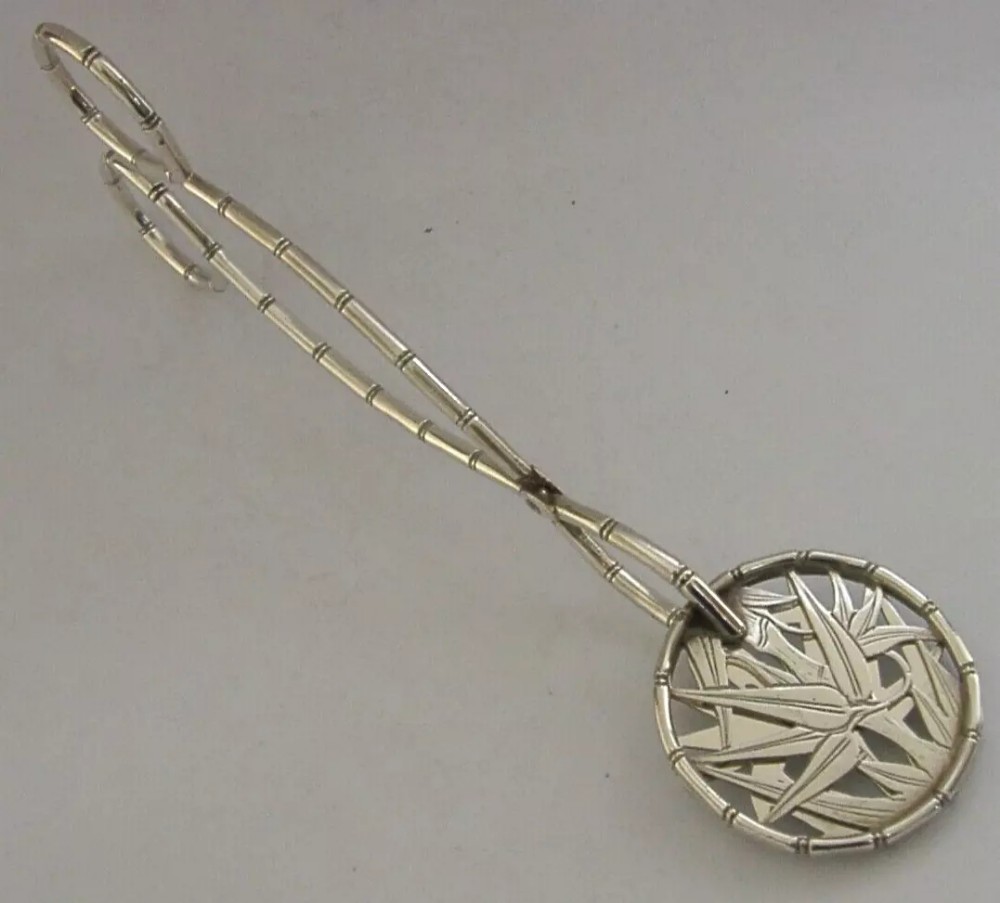 RARE CHINESE EXPORT SOLID STERLING SILVER BAMBOO SERVING TONGS c1920 ANTIQUE 88g
