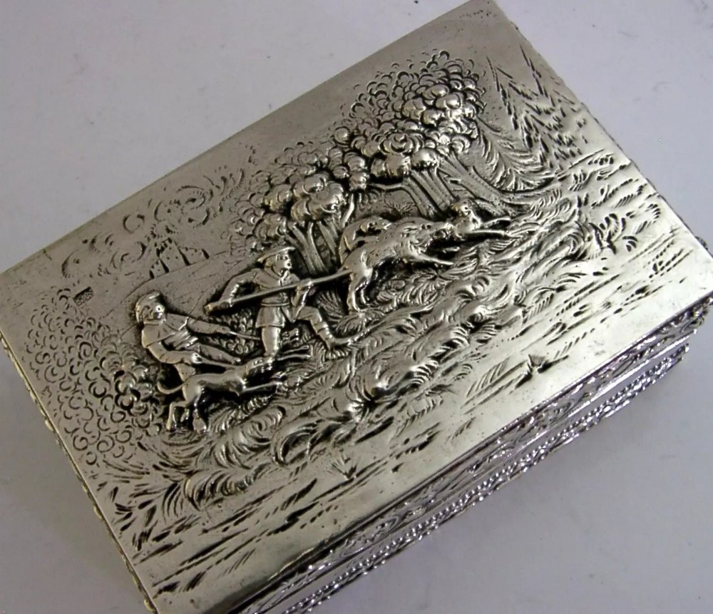 RARE 124g DANISH SOLID SILVER BOAR HUNTING TABLE BOX c1880 ANTIQUE AALBORG GOLF