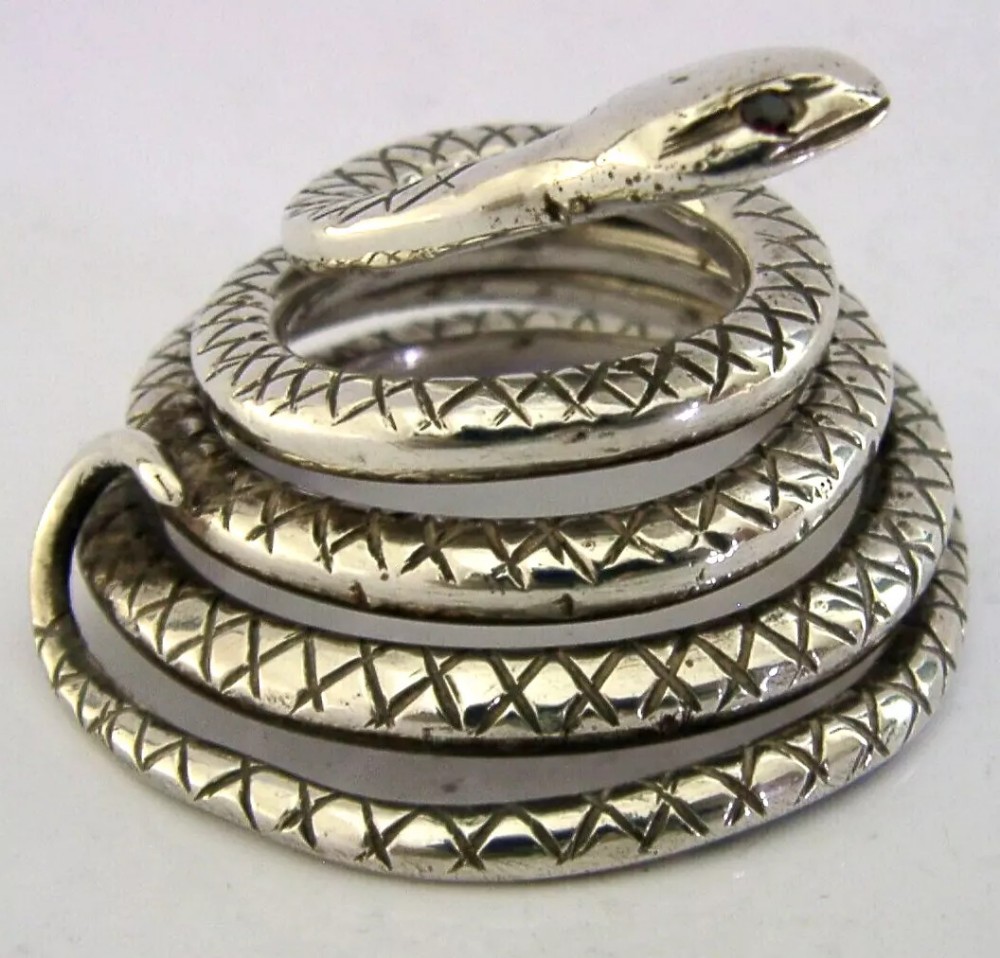 SUPERB 84g SOLID SILVER SNAKE PAPER WEIGHT c1940 ANTIQUE ANIMAL SERPENT GEM EYES