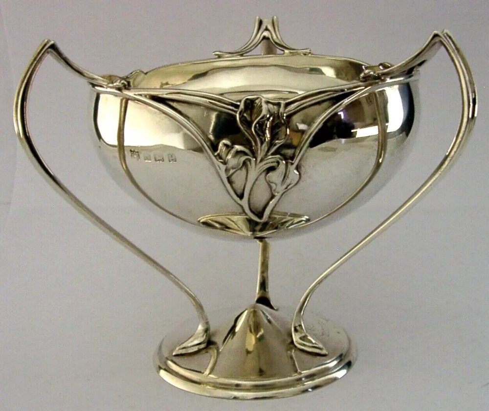434g STERLING SILVER IRIS ART NOUVEAU TYG TROPHY BOWL 1906 ANTIQUE WARWICKSHIRE