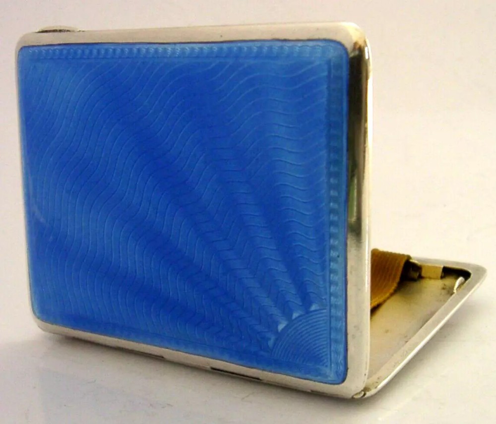 ENGLISH STERLING SILVER BLUE ENAMEL CIGARETTE CASE 1933 ANTIQUE ART DECO