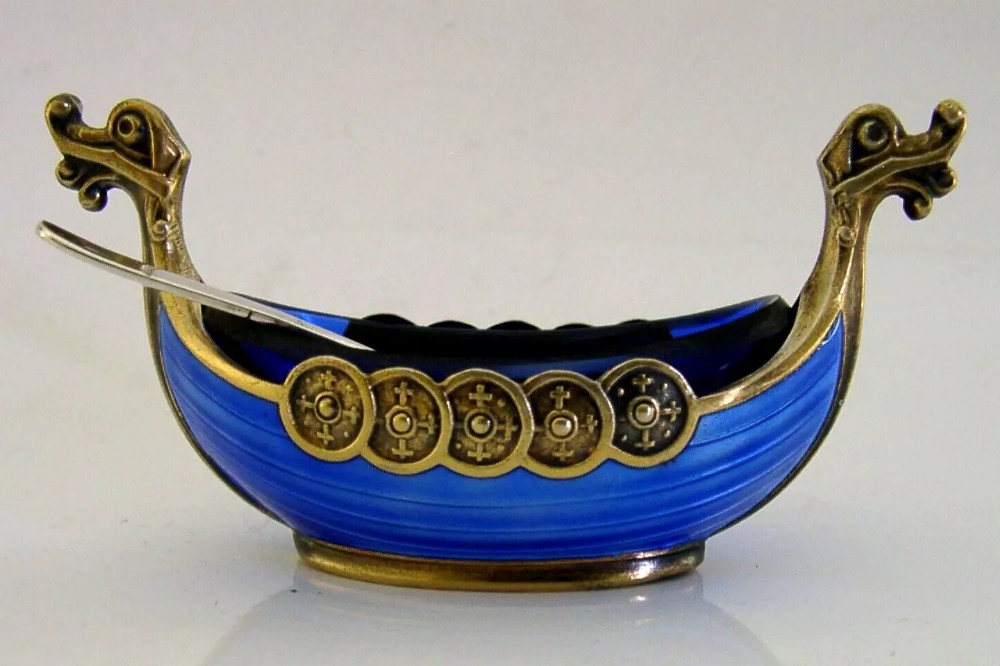 NORWAY STERLING SILVER GILT BLUE ENAMEL VIKING BOAT SALT CELLAR c1940