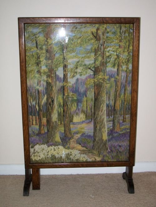 Oak Firescreen/table with Woolwork Picture