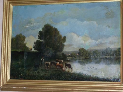 19th Century Oil on Canvas Cattle Watering