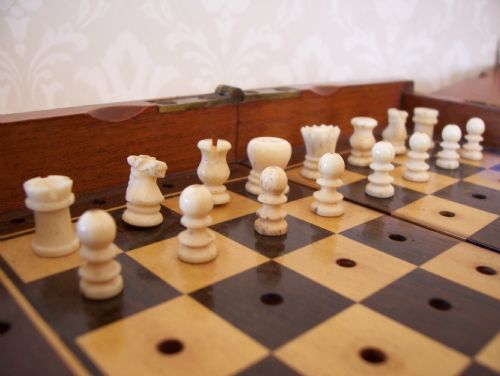 Carved Ox Bone Mahogany Cased Travelling Chess Set