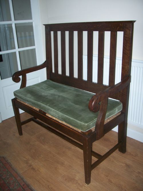 Victorian Oak Hall Bench with Rush Seat and Cushion