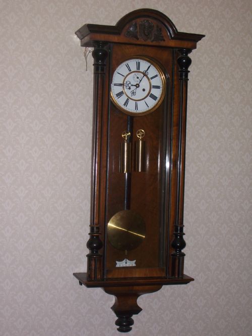 Late 19th C. Elegant Twin Weight Vienna Regulator Style Wall Clock