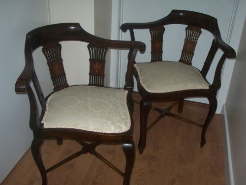 Pair of Edwardian Inlaid Mahogany Corner Chairs