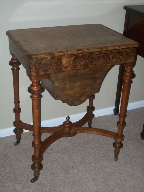 Victorian Inlaid Burr Walnut Sewing Table