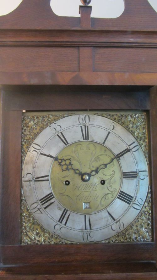 fig 1. EARLY GEORGIAN 11.5in SQUARE BRASS 8 DAY OAK LONGCASE CLOCK