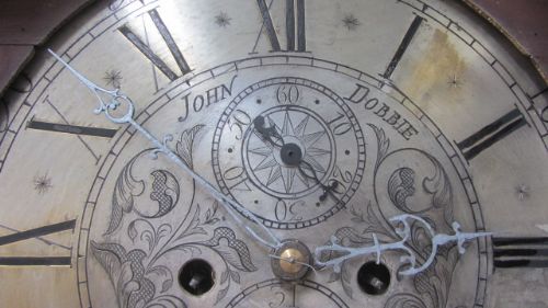 fig 1. 6ft 9in SILVERED DIAL GEORGIAN 8 DAY OAK LONGCASE CLOCK