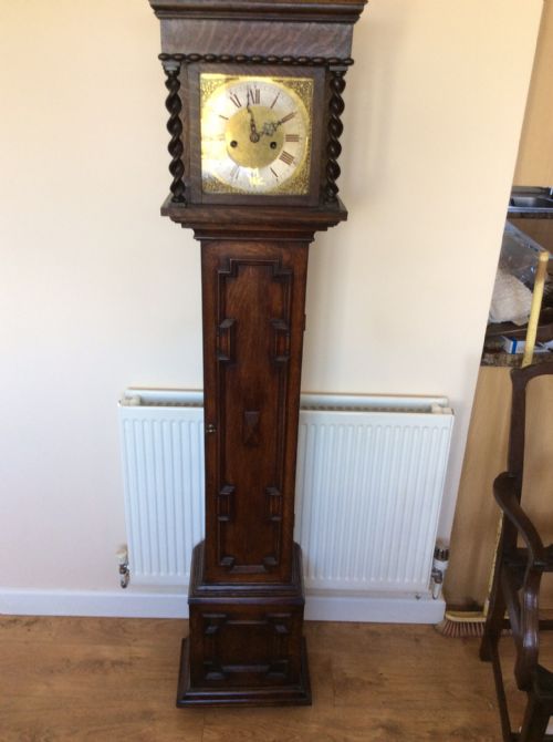 Georgian Grandfather Movement Fitted in a Petite Oak Case with 8 Inch Brass Dial