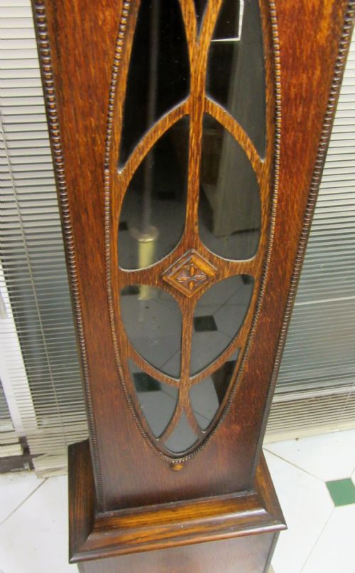 fig 1. ART DECO OAK WESTMINSTER CHIMING MINIATURE LONGCASE OR GRANDMOTHER CLOCK