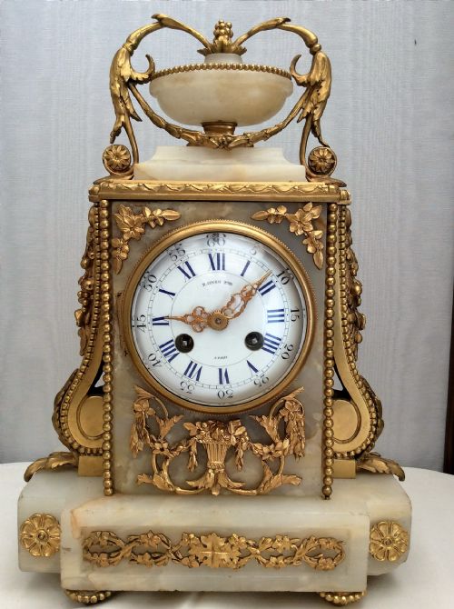 Gilt Ormolu & Alabaster Mantle Clock by Raingo Fres Paris. Circa 1870